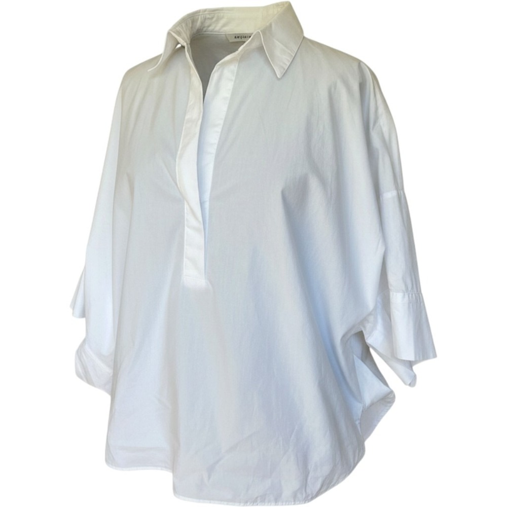 Banana Republic White Cotton Popover Shirt Oversized V-Neck Cropped Sleeve Med